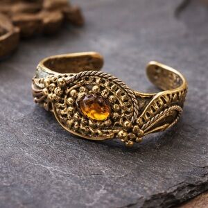 Vintage Mexico Brass Cuff Amber Stone Brutalist Boho Statement Bracelet